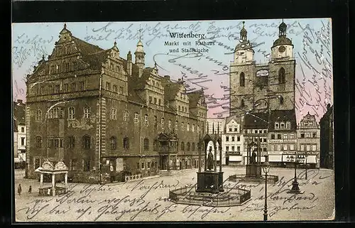 AK Wittenberg, Marktplatz mit der Stadtkirche und dem Rathaus