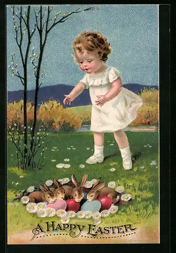 Künstler-AK Kleinkind mit Osterhasen zum Feste