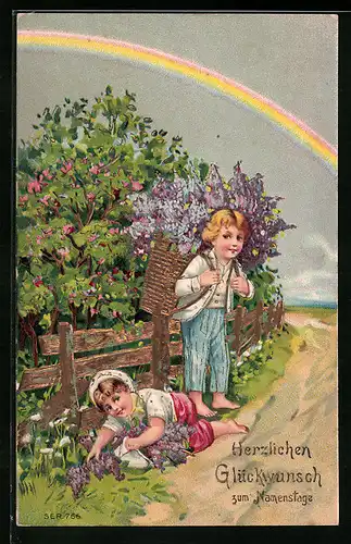 AK Kinder mit Blumen unter einem Regenbogen, Glückwunsch zum Namenstag