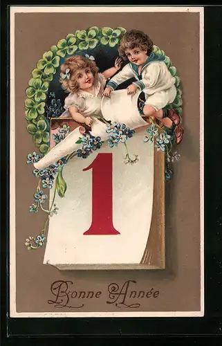AK Kinder mit Kleeblättern zu Neujahr