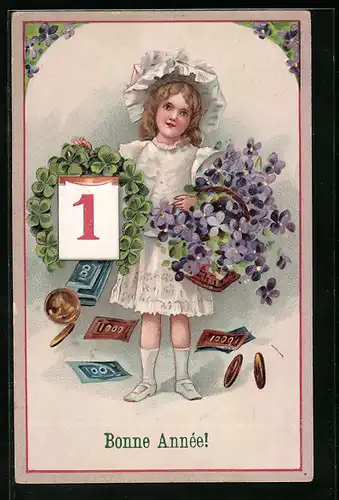 Präge-AK Mädchen mit Kleeblättern und Veilchen