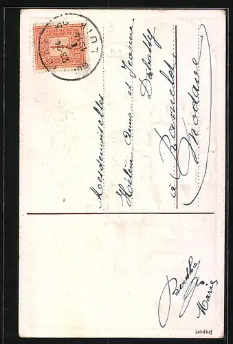 Präge-AK Mädchen mit Kleeblättern und Veilchen