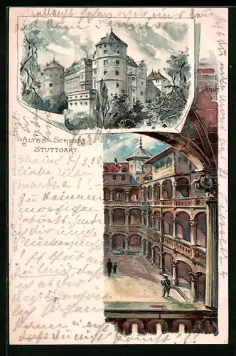 Lithographie Stuttgart, Altes Schloss, Innenhof