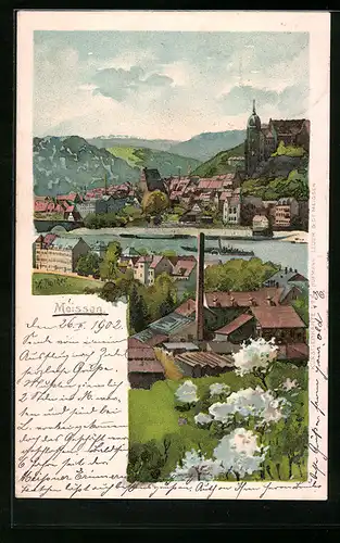 Lithographie Meissen, Ortsansicht mit Dampfer