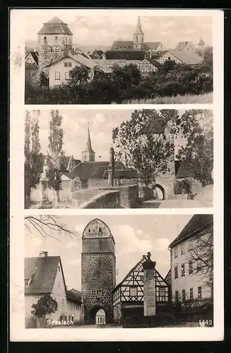 AK Sesslach, Teilansicht, Kirche und Tor, Tor mit Denkmal