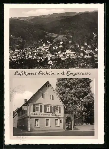 AK Seeheim a. d. Bergstrasse, Ortsansicht aus der Vogelschau, Hotel-Restaurant zum Löwen