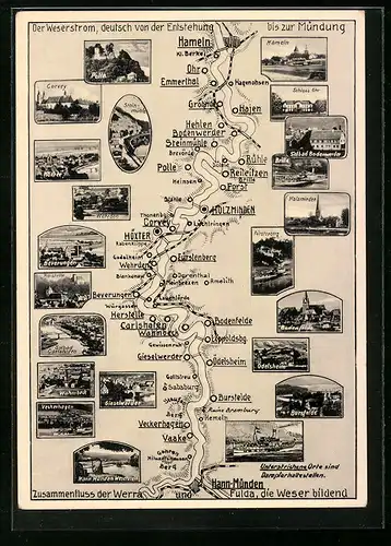 AK Corvey, Landkarte der Weser mit Ansichten der Anrainerorte