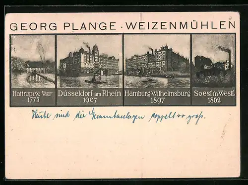 AK Düsseldorf am Rhein, Georg Plange Weizenmühlen, Mühlen in Hattrop, Hamburg, Soest