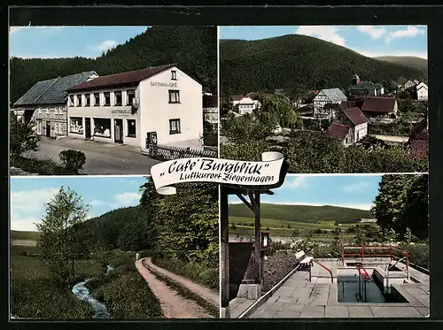 AK Ziegenhagen, Ortsansicht und Café Burgblick