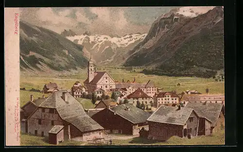 Lithographie Engelberg, Ortsansicht mit Kirche, Bergpanorama