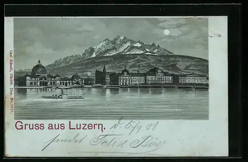 Mondschein-Lithographie Luzern, Dampfer mit Bergpanorama