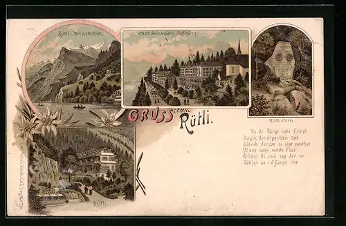 Lithographie Rütli, Hotel Sonnenberg Seeligsberg, Rütlistein, Rütti