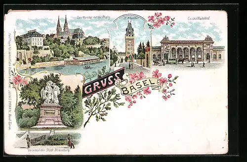 Lithographie Basel, Brücke, Zentralbahnhof, Strassburg-Denkmal