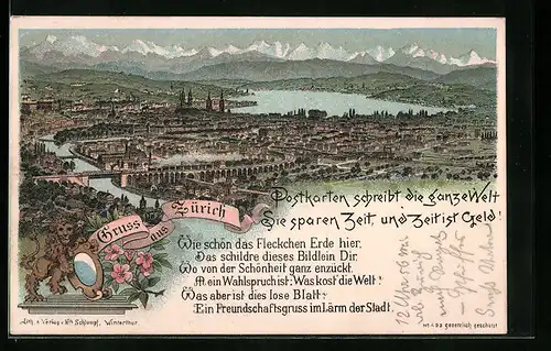 Lithographie Zürich, Gesamtansicht aus der Vogelschau