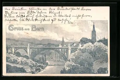 Lithographie Bern, Panorama mit Brücke