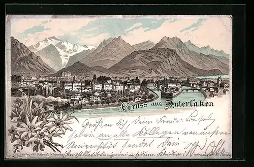 Lithographie Interlaken, Ortsansicht aus der Vogelschau