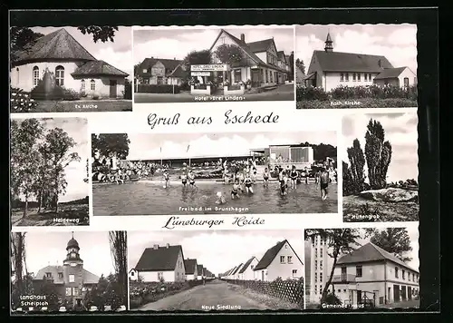 AK Eschede /Lüneb. H., Hotel Drei Linden, Gemeinde-Haus, Freibad in Brunshagen