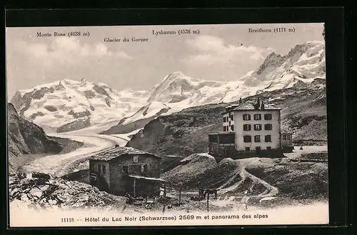 AK Schwarzsee, Hotel du Lac Noir et panorama des Alpes, Monte Rosa, Lyskamm, Breithorn