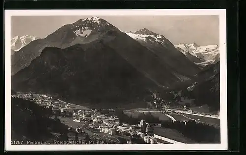 AK Pontresina, Teilansicht mit Roseggletscher und Piz Palü