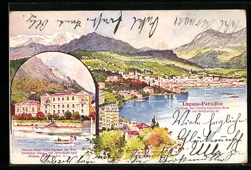 Künstler-AK Ernst Schlemo: Lugano-Paradiso, Pension Villa Carmen u. Riviera, Gesamtansicht