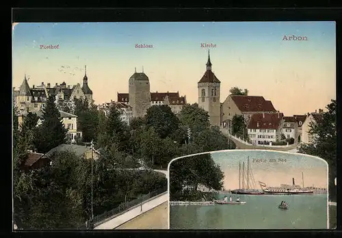 AK Arbon, Teilansicht mit Posthof, Schloss und Kirche, Partie am See
