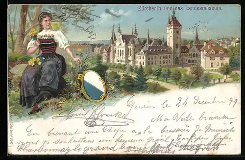 Lithographie Zürich, Zürcherin und das Landesmuseum, Wappen