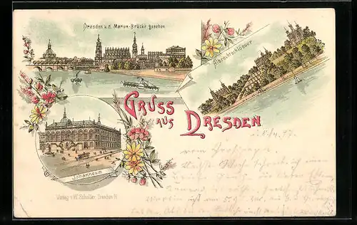 Lithographie Dresden, Ortsansicht von der Marien-Brücke, Johanneum, Albrechtschlösser