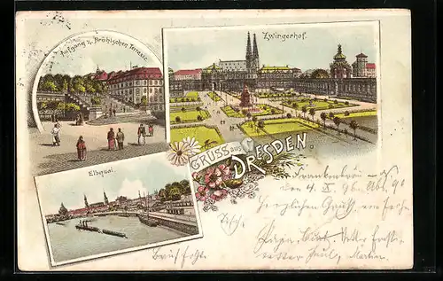 Lithographie Dresden, Zwingerhof, Aufgang zur Brühlschen Terrasse, Elbquai