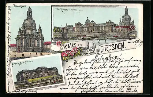 Lithographie Dresden, Frauenkirche, Kgl. Kunstacademie, Finanz Ministerium