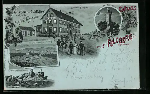 Lithographie Feldberg i. T., Gasthaus zur Walküre, Hotel und Pension, Ruine Falkenstein