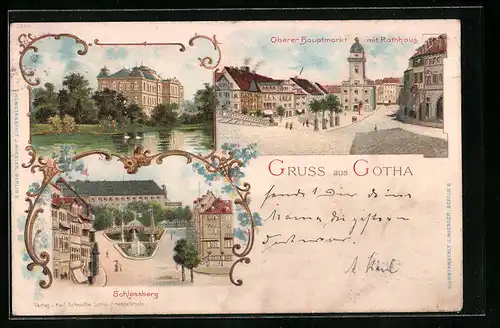 Lithographie Gotha, Oberer Hauptmarkt mit Rathaus, Schlossberg