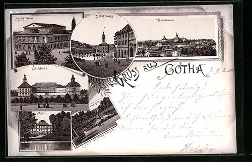 Lithographie Gotha, Panorama, Hauptmarkt, Schloss, Museum