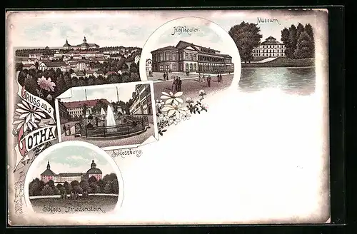 Lithographie Gotha, Schloss Friedenstein, Schlossberg, Hoftheater