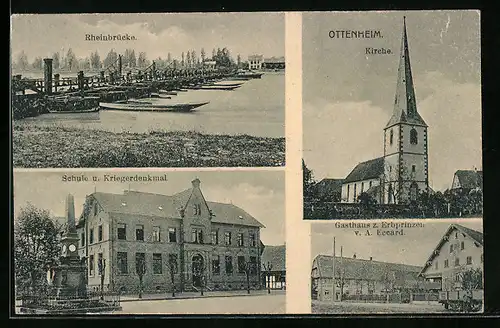 AK Ottenheim, Rheinbrücke, Kirche, Gasthaus z. Erbprinzen