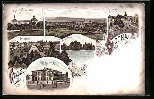 Lithographie Gotha, Rathaus, Hoftheater, Orangerie