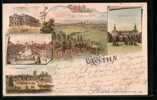 Lithographie Gotha, Schloss, Theater, Marktplatz