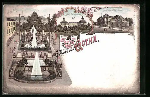 Lithographie Gotha, Schlossberg, Schloss Friedenstein, Landgerichtsgebäude