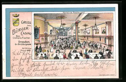 Lithographie Dresden, Bürger Casino, Gr. Brüdergasse, Parterre Restaurant