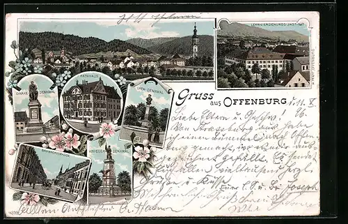 Lithographie Offenburg, Bahnhofstrasse, Drake-Denkmal, Lehr- und Erziehungs-Institut