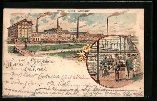 Lithographie Salzuflen, Hoffmanns Stärkefabriken, Gesamtansicht und Pressen-Raum