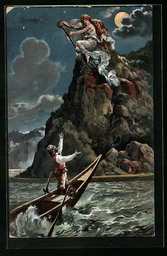 AK Loreley mit Harfe auf Felsen und Mann im Boot
