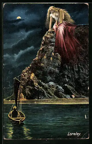 AK Loreley mit Harfe und Mann im Boot auf dem Rhein