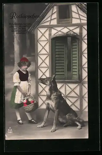 Künstler-AK Rotkäppchen mit Korb und Wolf vor dem Haus der Grossmutter