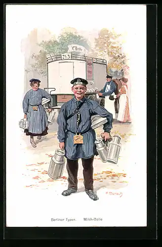 Künstler-AK sign. F. Bersch: Berliner Typen, Milch-Bolle mit Milchkannen