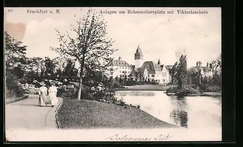 AK Frankfurt a. M., Anlagen am Hohenzollernplatz mit Viktoriaschule