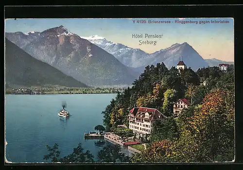 AK Ringgenberg /Brienzersee, Ortsansicht mit Hotel-Pension Seeburg gegen Interlaken