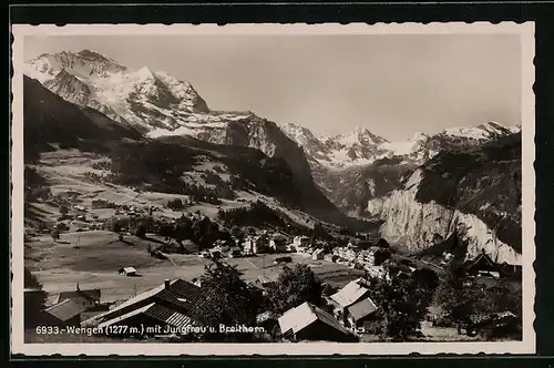 AK Wengen, Ortsansicht mit Jungfrau und Breithorn