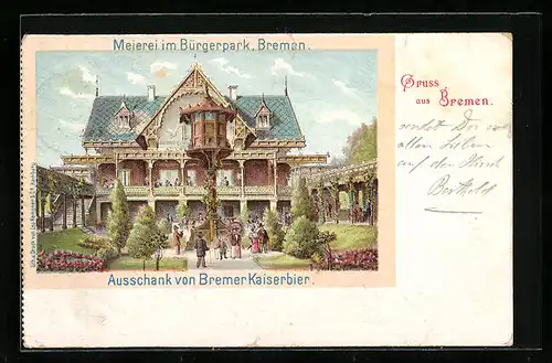 Lithographie Bremen, Meierei im Bürgerpark, Ausschank von Bremer Kaiserbier