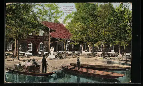 AK Lehde i. Spreewald, Gasthaus Zum fröhlichen Hecht, Kahn-Anlegestelle