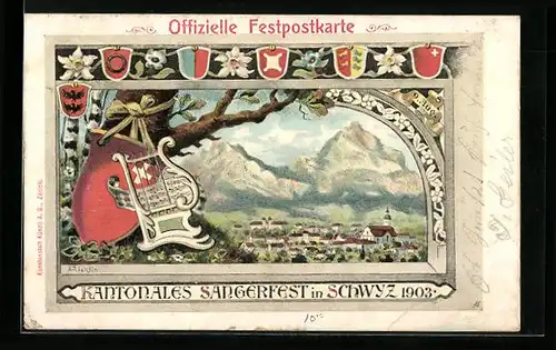 Künstler-AK Schwyz, Kantonales Sängerfest 1903, Gesamtansicht, Wappen, Lyra